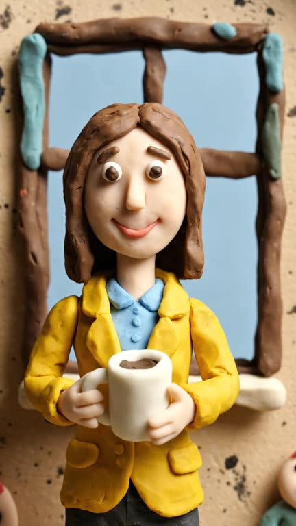Clay style: a handmade clay figure holding a mug